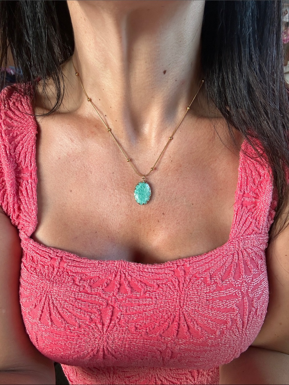 Amazonite Aqua Stone Gold Adjustable Necklace Turquoise Pendant Boho Coastal